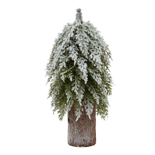 Snowy Fir Tree On Tall Wood Log -